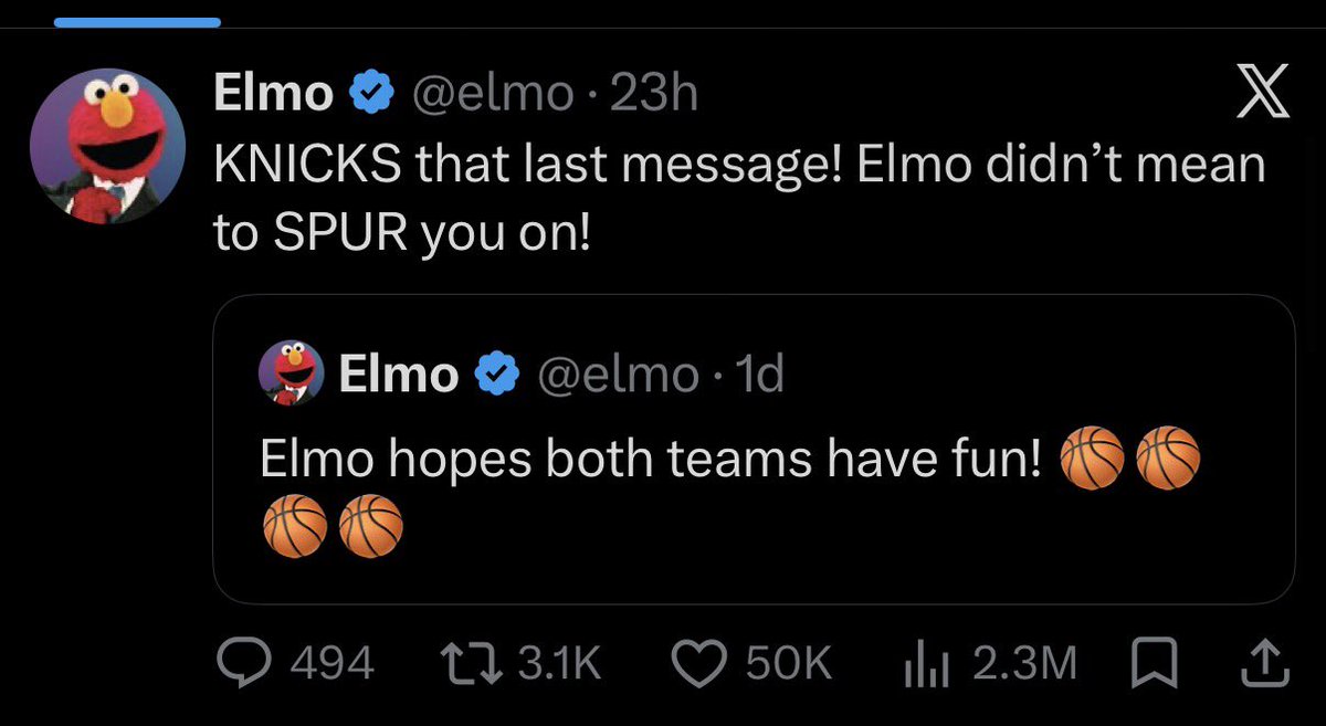 EAxcount17934's tweet photo. Elmo playfully apologizes on X for his neutral stance on the New York Knicks vs. the San Antonio Spurs Basketball game

“KNICKS that last message! Elmo didn’t mean to SPUR you on!” https://t.co/euCcSKQnjn