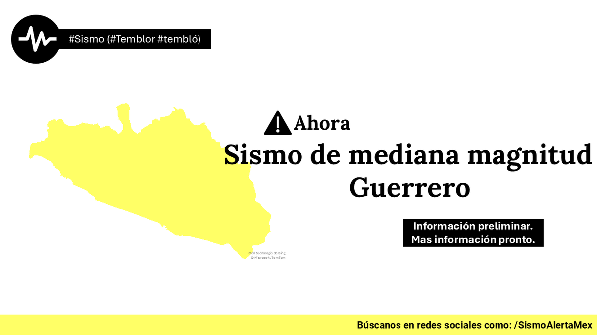 Sismoalertamex's tweet photo. 🔴#AHORA | Se registra sismo en la costa de Guerrero. Magnitud estimada entre 5.0 y 5.5. En espera de la información oficial del SSN.

¿Lo sentiste? Platícanos en los comentarios y reporta tu ubicación. 👇 https://t.co/KzbY0qUaFy