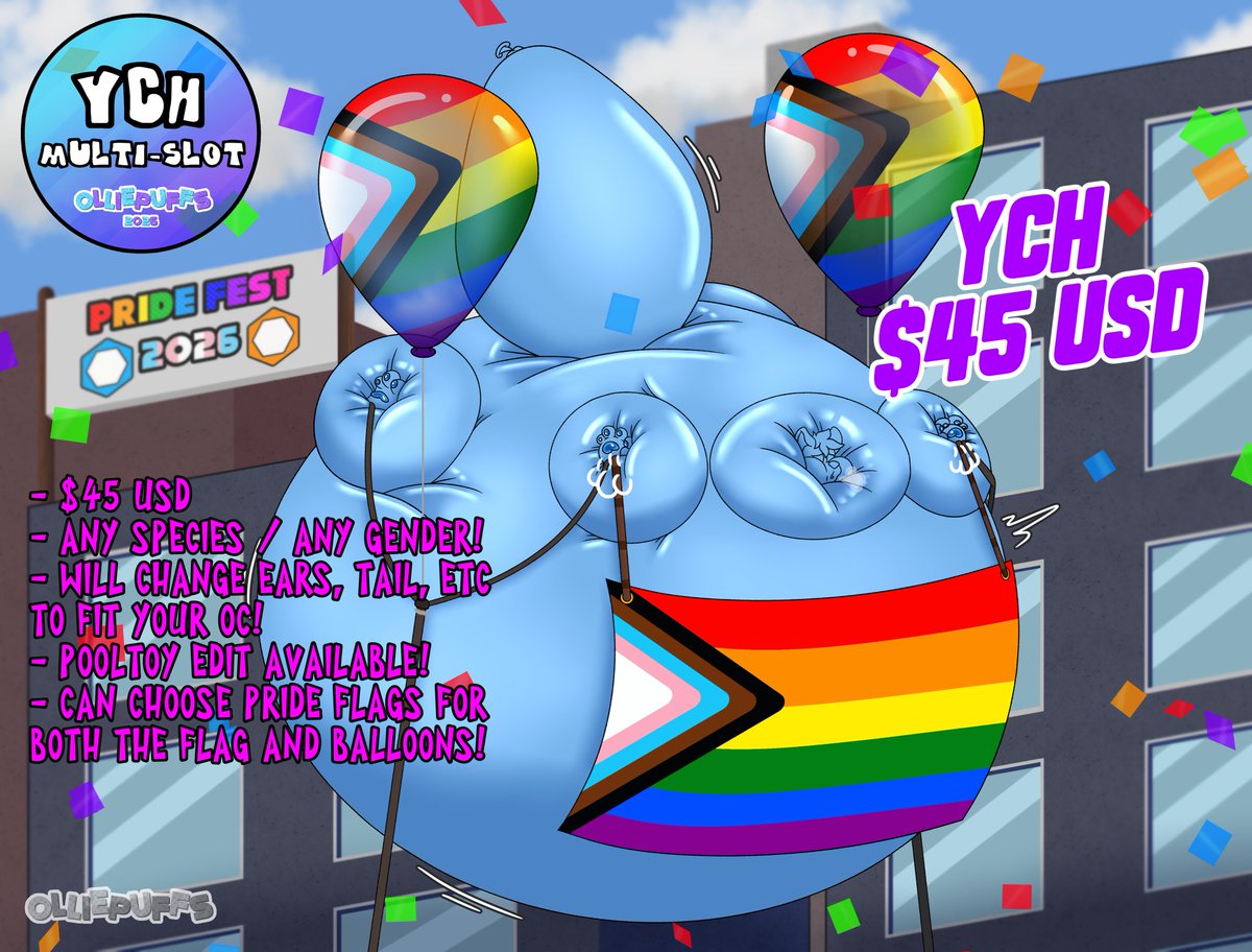 OlliePuffs's tweet photo. My Pride YCH is now open! I'm taking UNLIMITED slots until June 23rd! There is no slot cap! 
Please fill out the form or send me a DM if interested! RTs appreciated! 
https://t.co/q0uMkWDZBS

- $45 USD
- Any species, any gender
- Pooltoy edit available
- Can change flag designs https://t.co/zjgEHrxSmJ