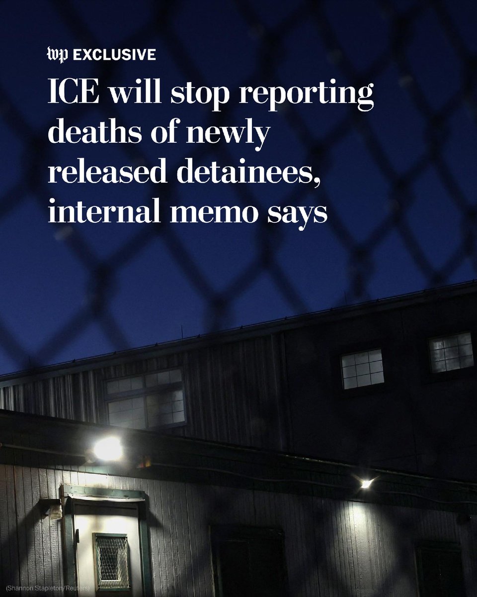 washingtonpost's tweet photo. Exclusive: In a memo sent to agency employees and reviewed by The Post, acting director David Venturella said ICE is eliminating its requirement to report deaths that occur within 30 days of people being released from its custody.

Read more here: https://t.co/vZVJ2iE1EQ https://t.co/QcNWgcIF8c