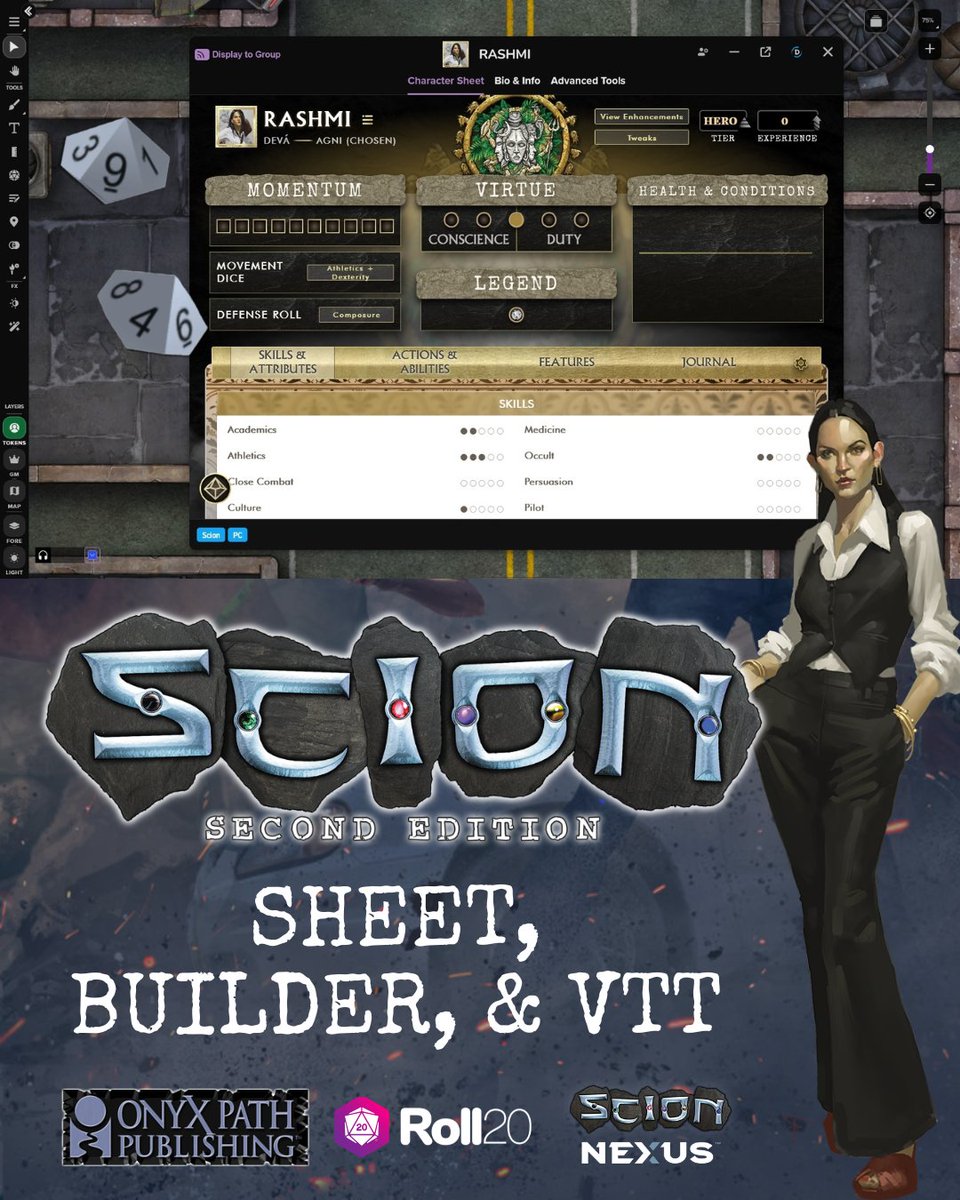 roll20app's tweet photo. 🏛️ NEW Scion 2e Character Sheet &amp; Builder on Roll20!

You're the child of a god in the urban fantasy RPG by @TheOnyxPath.

@DemiplaneRPG-powered tools include:
📝 Guided character builder 
📖 Mobile-friendly rulebooks 
🎲 Roll20 VTT integration

Build now: https://t.co/8iACEGUvuB https://t.co/MWjOJv9PpG