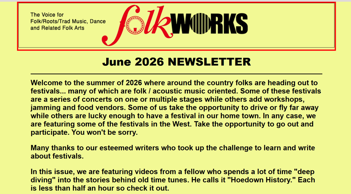 FolkWorks's tweet photo. Welcome to the summer of 2026 where around the country folks are heading out to festivals ... 
Read our #June2026 newsletter: https://t.co/soli2N8FhM
Subscribe: https://t.co/88WLYfI1uo

#FolkWorksOrg #FolkWorks #MusicFestivalSeason #SummerFestivals #HoedownHistory https://t.co/BtREoULUK7