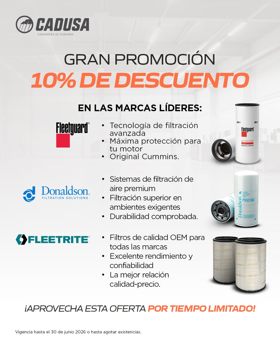 CADUSAMX's tweet photo. 🚛 Una operación constante depende de cientos de componentes trabajando como deben. Si tienes unidades programadas para mantenimiento, aprovecha el 10% de descuento en filtros #Fleetguard, #Donaldson y #Fleetrite en #CADUSA.

📅 Hasta el 30 de junio o agotar existencias. https://t.co/1H0lPkrkgT