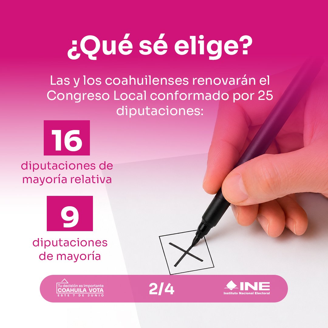 INEMexico's tweet photo. ¿Qué se elige este domingo 7 de junio en #Coahuila? 🗳️ 

Cerca de 2.5 millones de ciudadanas y ciudadanos podrán participar en la renovación del Congreso Local, el cual se conforma de 25 diputaciones en total. 🏛️🇲🇽

El #INE te invita a ejercer tu derecho de manera libre, segura e informada. Conoce la distribución de los cargos y los detalles de la jornada en la siguiente guía visual. 👇

#EleccionesMX2026 #CoahuilaVota #Democracia