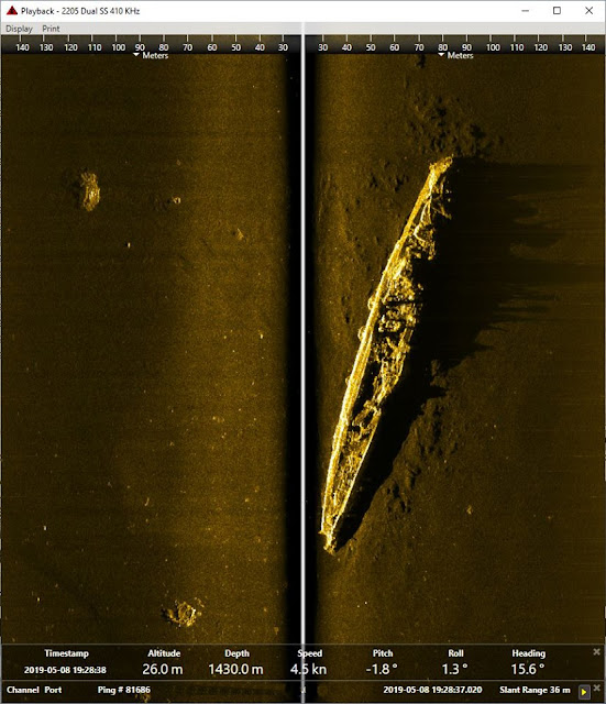 HiddenHistoryYT's tweet photo. Sonar image that shows some of the extensive damage to the ends of Mogami.

Unfortunately, there probably won't be more photos or video documenting Mogami in the near future. As the ROV made the turn around the stern, there was an electrical fault that force the Petrel to reel it back in, and they had to move away from the wreck by the time they were able to get it repaired.