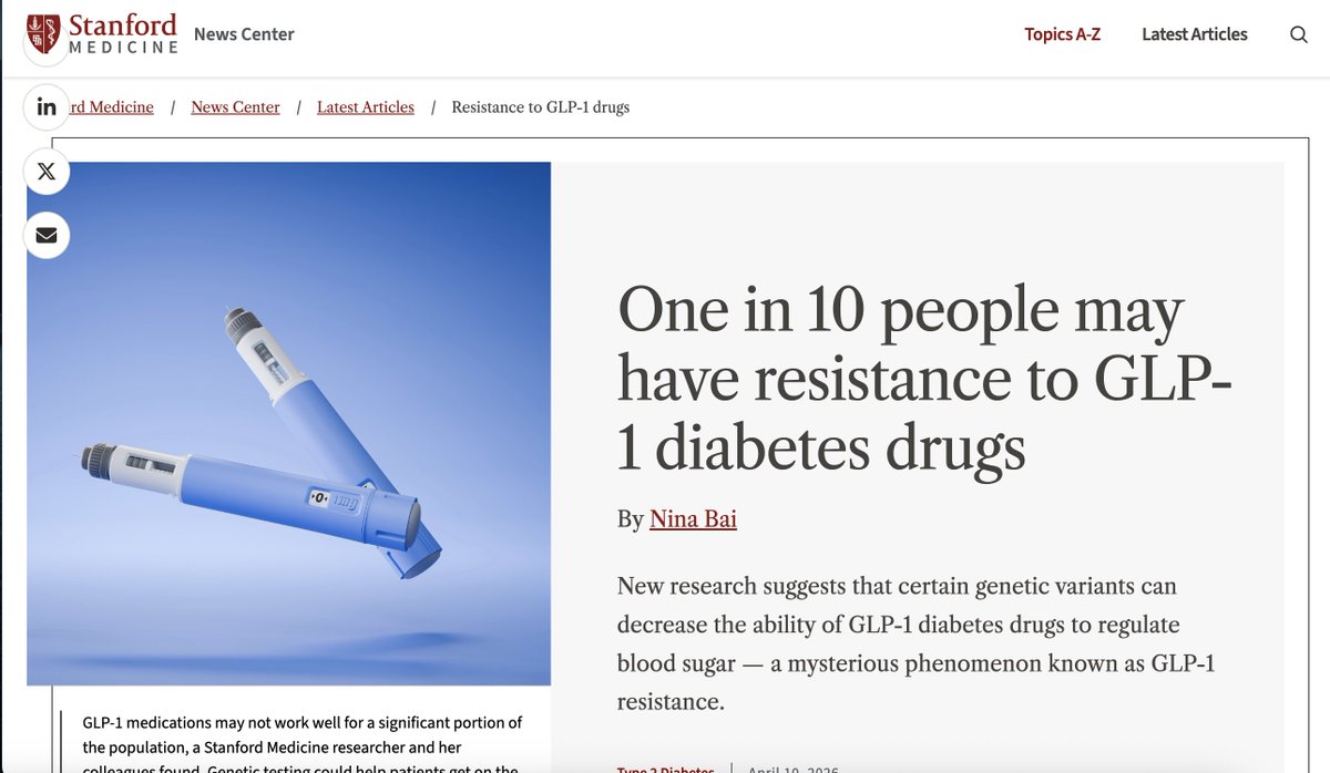 MedUniDoc's tweet photo. Up to 1 in 10 people may be genetically resistant to GLP‑1 drugs like Ozempic. 

A Stanford‑led Genome Medicine study found that some patients pump out more GLP‑1 yet get less effect and weaker HbA1c drops despite good treatment and no similar problem on metformin or other diabetes meds.

In a world where we blame “non‑compliance” when GLP‑1s don’t work, this is a big shift: for a minority of people the problem isn’t discipline, it’s wiring and the next step is using genetics to decide who should even start a GLP‑1 and who needs a different playbook.