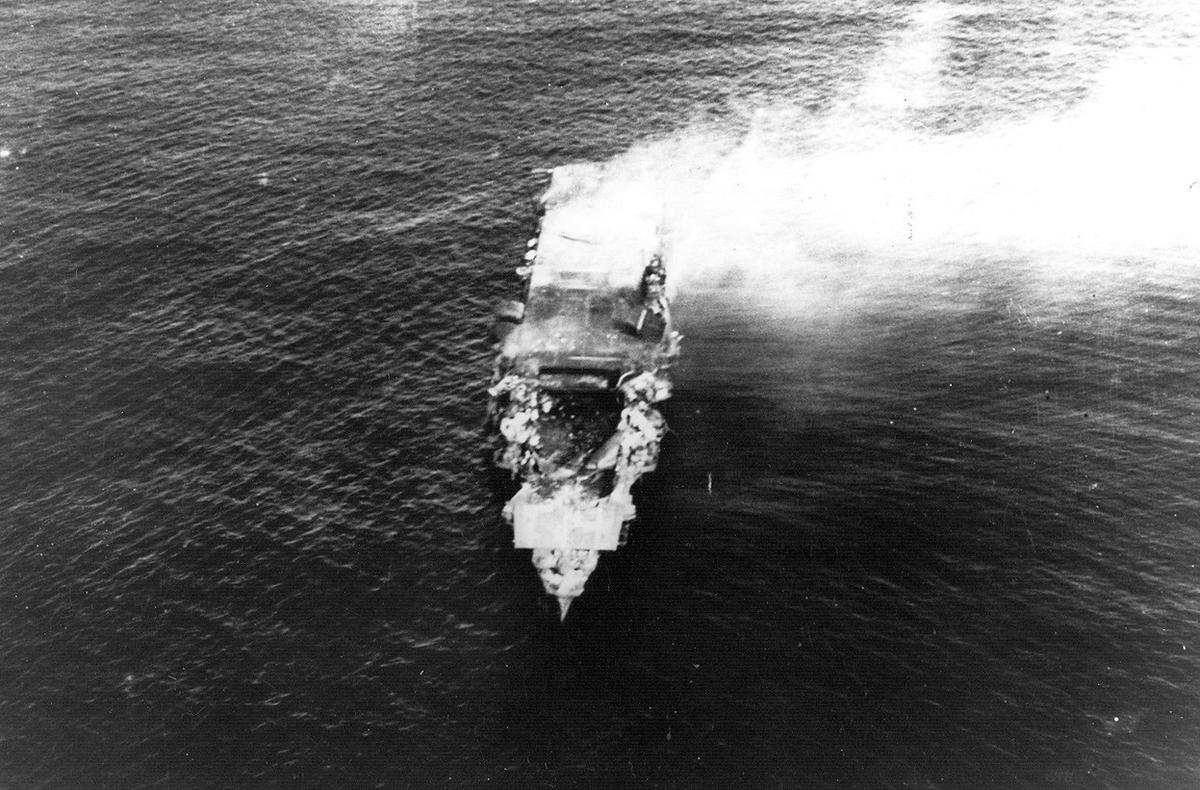 HiddenHistoryYT's tweet photo. Hiryu burning, photographed by a plane of carrier Hosho, 5 Jun 1942 https://t.co/ylcwMYkoyz