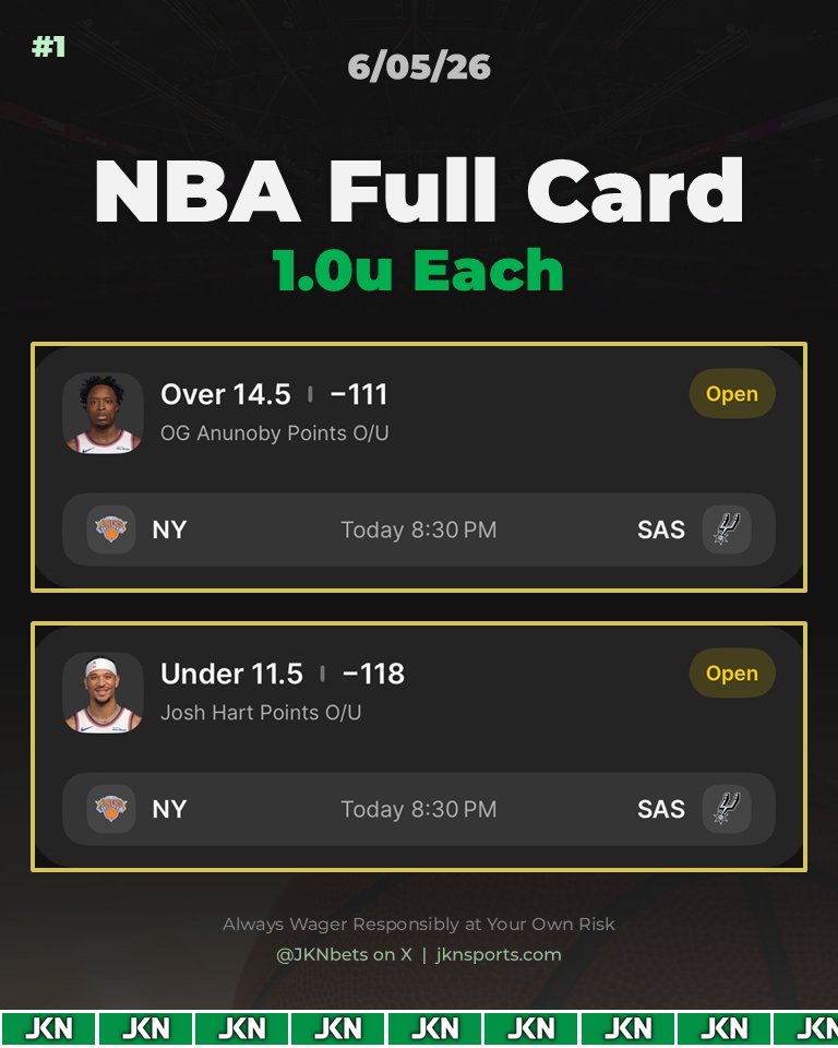 JKNbets's tweet photo. NBA Full Card (6/05/26) 🏀

Spurs Knicks Game Two 🎯

Points Props (3 Overs, 1 Under) 💎
Placed on DraftKings &amp; Bet365 🛒

#NBA #SportsBettingX https://t.co/fuyhPd55gD