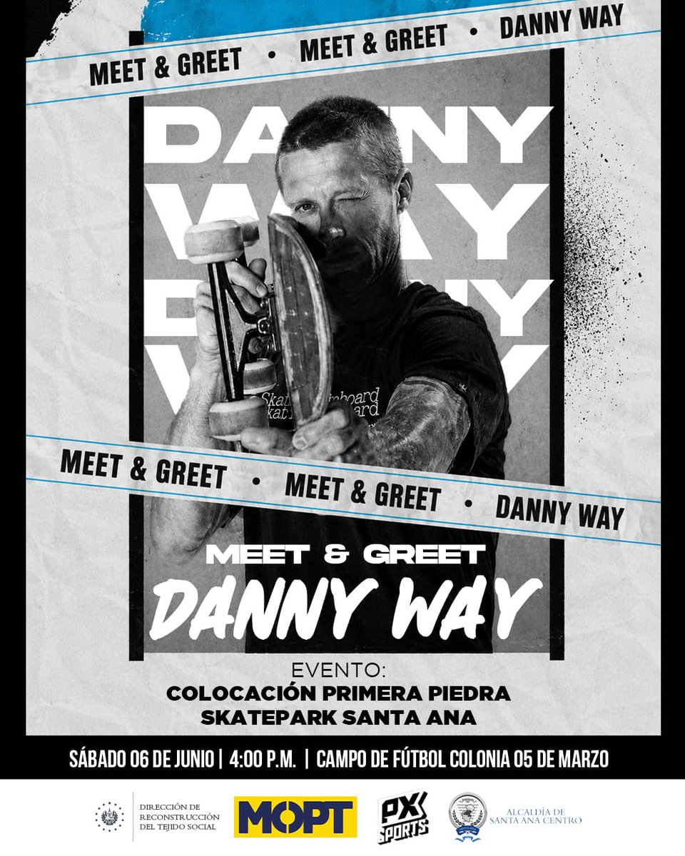 TejidoSocialSv's tweet photo. 🛹 ¡Nos vemos mañana en Santa Ana!

Acompáñanos este sábado desde las 4:00 PM en la colocación de la primera piedra del Skatepark Santa Ana y disfruta de un Meet & Greet con Danny Way.

📍 Campo de fútbol, colonia 5 de Marzo. 🗓️
Un nuevo espacio para el skate está por comenzar. 🔥

#TejidoSocial | #ElSalvador