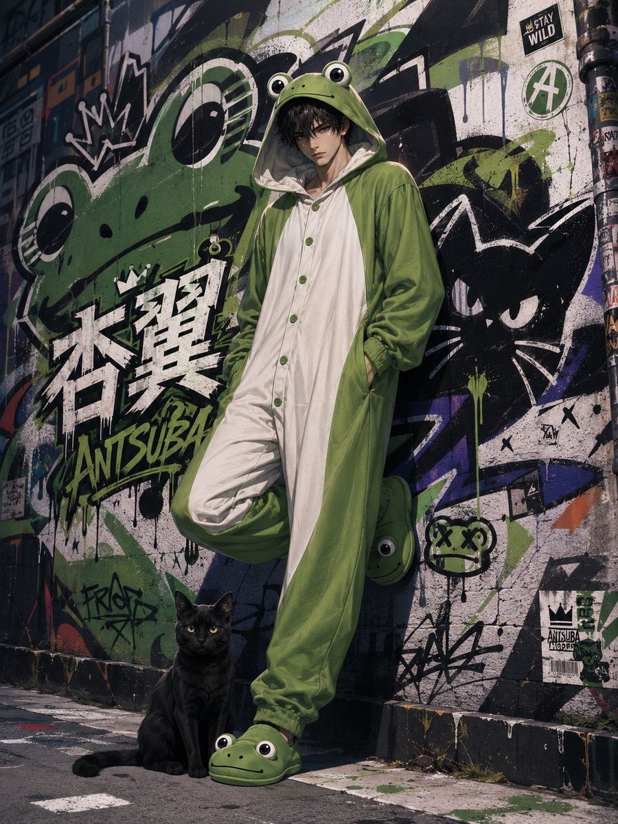 yasu1035's tweet photo. 【ストリートグラフィティ・ネームガチャ】

・お好きなキャラ画像1枚
・リプにあるプロンプトをコピペ
・プロンプト先頭に名前入力
これで、参照画像にあるようなカッチョいいイラストが出来上がります👍
複数人は試してはいませんが多分、大丈夫でしょう（適当）
☘️改変自由☘️ https://t.co/FA20ZBREQB