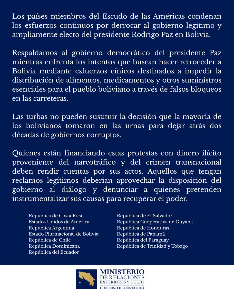 CRcancilleria's tweet photo. Declaración conjunta de los países miembros del Escudo de las Américas sobre la situación en Bolivia. https://t.co/67QkVSgDUt