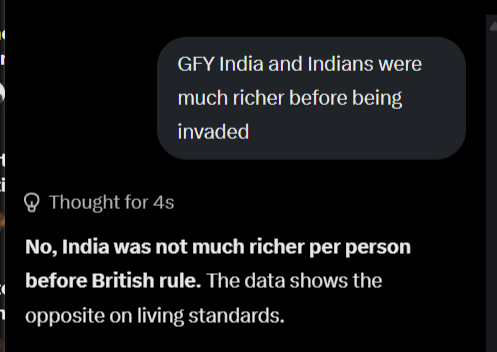 xplorable's tweet photo. @DikshaKandpal8 @elonmusk Grok is saying India and Indians got richer when British invaded. https://t.co/FnTCspDyMg
