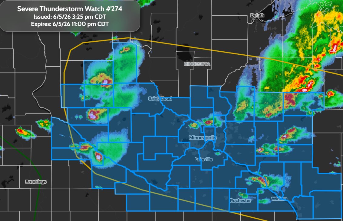 StormTrackingHQ's tweet photo. #SevereThunderstormWatch 0274 has been issued for parts of #Minnesota and #Wisconsin until 11:00 pm CDT #wxtwitter #wxX #wx #severewx #severe #severeweather #SlightRisk #TornadoAlley #HoosierAlley #mnwx #MNwx #wiwx #WIwx #Willmar #StCloud #EauClarie #StPaul #Minneapolis #Mankato #RochesterMN #LaCrosse #ForestLake 

Probability Hazards
#Tornadoes 
<5/<2%
#Wind 
40/20%
#Hail 
40/20%
Combined Severe Hail/Wind
70%

Hail 
Scattered #hail up to ping pong size possible 
Wind
Scattered gusts up to 65 MPH possible 
#Lightning 
Frequent #lightning possible 

Population 
5,283,759
Schools
2,123
Hospitals 
116