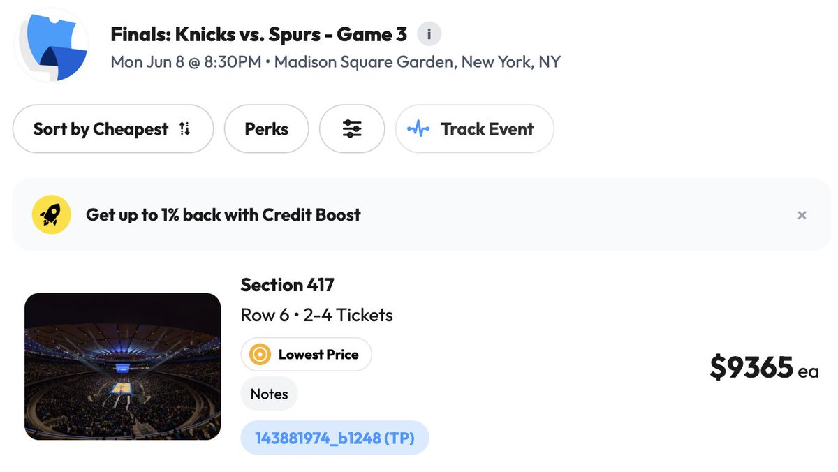 Kyle_Zorn's tweet photo. The NBA Finals at MSG is the hottest ticket of all time. 

Cheapest ticket across marketplaces for Game 3:

TickPick: $9,365

StubHub: $10,019
Gametime: $9,445
SeatGeek: $9,941 https://t.co/TtTNBxVitT