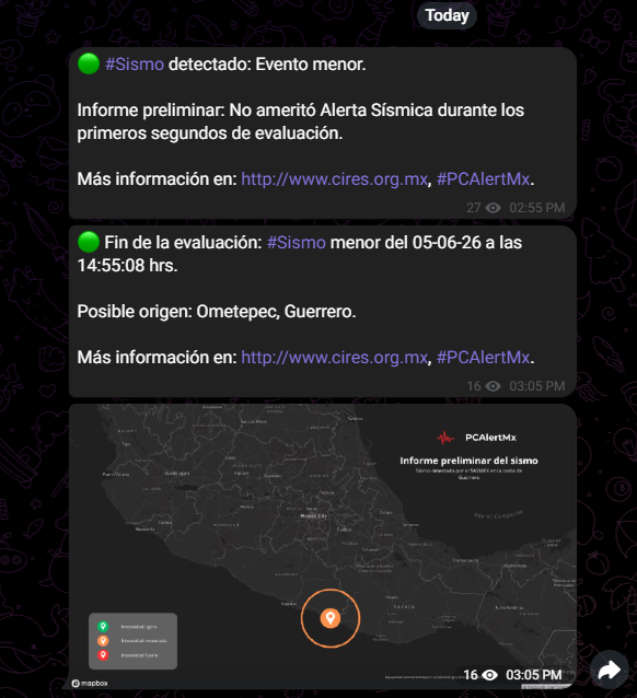 PCAlertMx's tweet photo. A las 14:58h el @SASMEX registró un #sismo de baja magnitud en la costa de #Guerrero.

NO AMERITÓ ALERTA SÍSMICA https://t.co/69chnHNTJ7