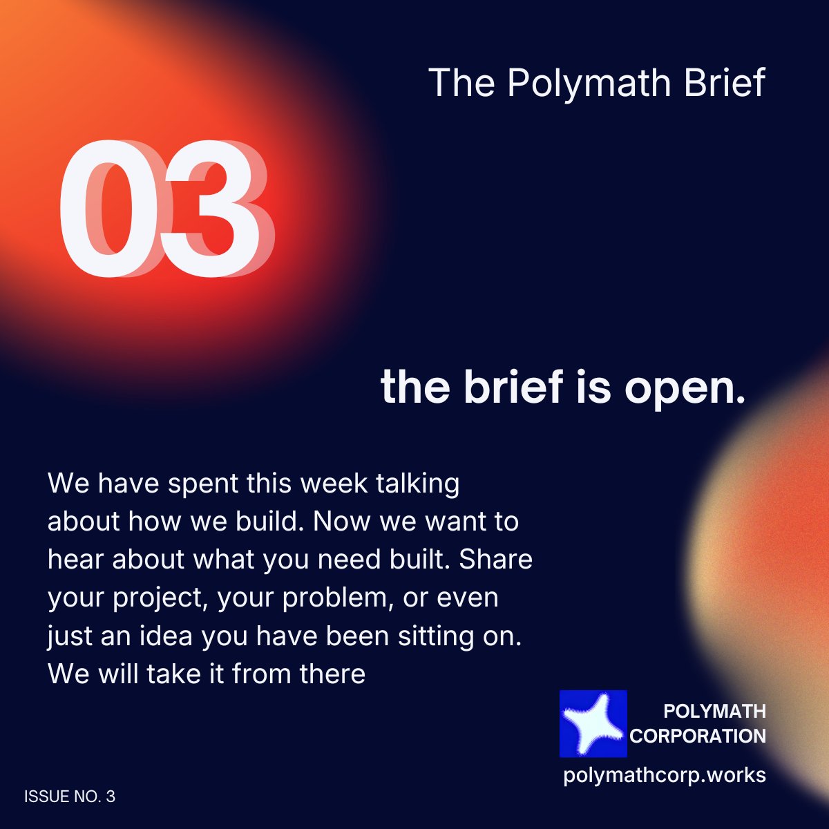 PolymathCorpo's tweet photo. The Polymath Brief. No. 03

Build with room to improve. Just never lose sight of the goal.

Whatever you are working on, bring it to on and let's get started.

hello@polymathcorp.works https://t.co/inFyTmE4fl