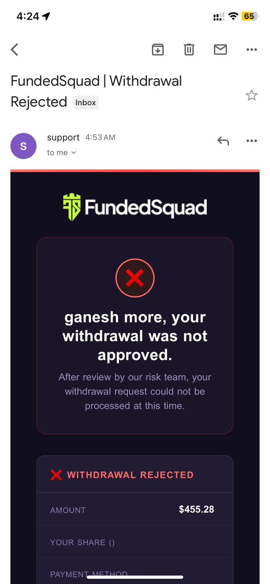 PropFirmsGuru's tweet photo. SCAM ALERT ⚠️ @fundedsquad scam exposed⬇️

A trader @MoreGanesh17
had a $455 payout rejected by @fundedsquad, citing IP address violations.

The trader reports he has not left his home in the past 20 days, yet the company claims location changes at exactly 11 PM daily.

He describes this as a payout denial scam based on the IP rule and states that @fundedsquad
 has ignored his explanations.

Support team isn't helpful at all this firm need to pay all due payouts as soon as possible.

 Proofs attached below for clarification.
@PropFirmMatch