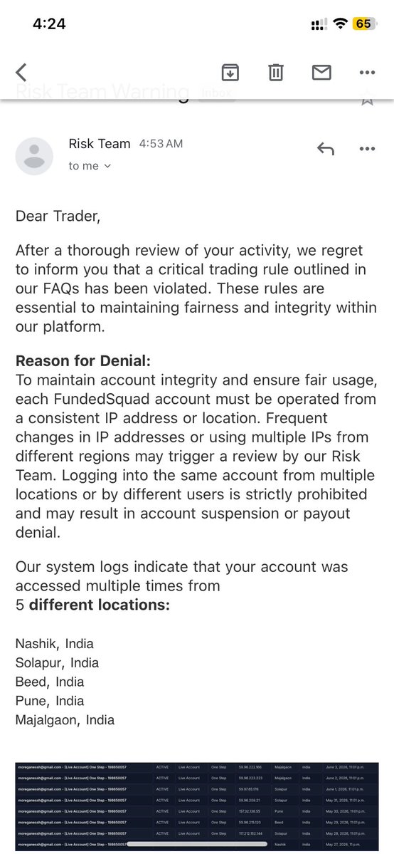 PropFirmsGuru's tweet photo. SCAM ALERT ⚠️ @fundedsquad scam exposed⬇️

A trader @MoreGanesh17
had a $455 payout rejected by @fundedsquad, citing IP address violations.

The trader reports he has not left his home in the past 20 days, yet the company claims location changes at exactly 11 PM daily.

He describes this as a payout denial scam based on the IP rule and states that @fundedsquad
 has ignored his explanations.

Support team isn't helpful at all this firm need to pay all due payouts as soon as possible.

 Proofs attached below for clarification.
@PropFirmMatch