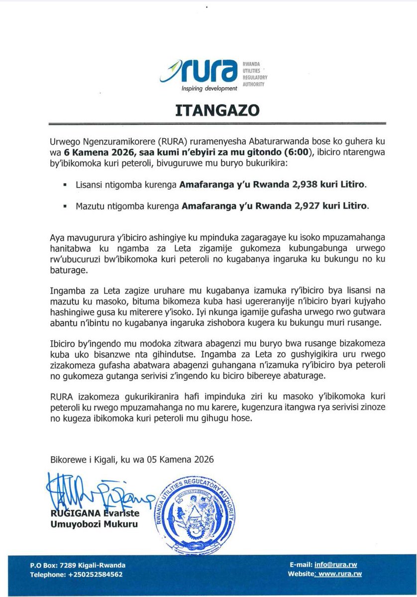RURA_RWANDA's tweet photo. ITANGAZO: Ibiciro bishya by'ibikomoka kuri peteroli bizatangira kubahirizwa ku wa 6 Kamena 2026, saa kumi n'ebyiri za mu gitondo (6:00). https://t.co/ZluBZFYeYR