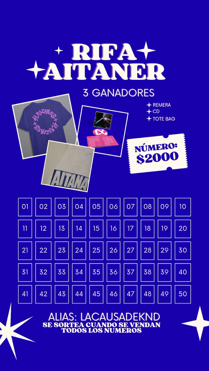 aitanaftespos's tweet photo. Estoy organizando una rifa para poder comprar la entrada para ver a Aitana en 🇦🇷. Lamentablemente, se me complica económicamente comprarla, pero me haría muchísima ilusión poder ir ❤️‍🩹.

El sorteo se realizará una vez que todos los números estén vendidos.

Gracias 🥹🫶✨ https://t.co/t0KyKUrx5o