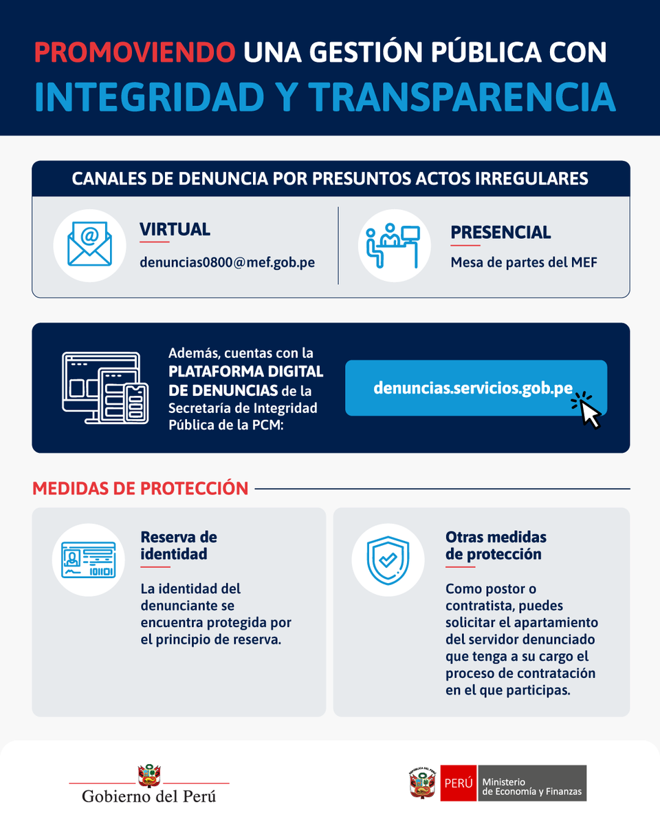 MEF_Peru's tweet photo. ☝️ Atención | El Ministerio de Economía y Finanzas reafirma su compromiso con la integridad en la gestión pública y la lucha contra la corrupción.

✅ Conoce los canales para reportar presuntos actos de corrupción, así como mecanismos de protección para quienes decidan presentar una denuncia.