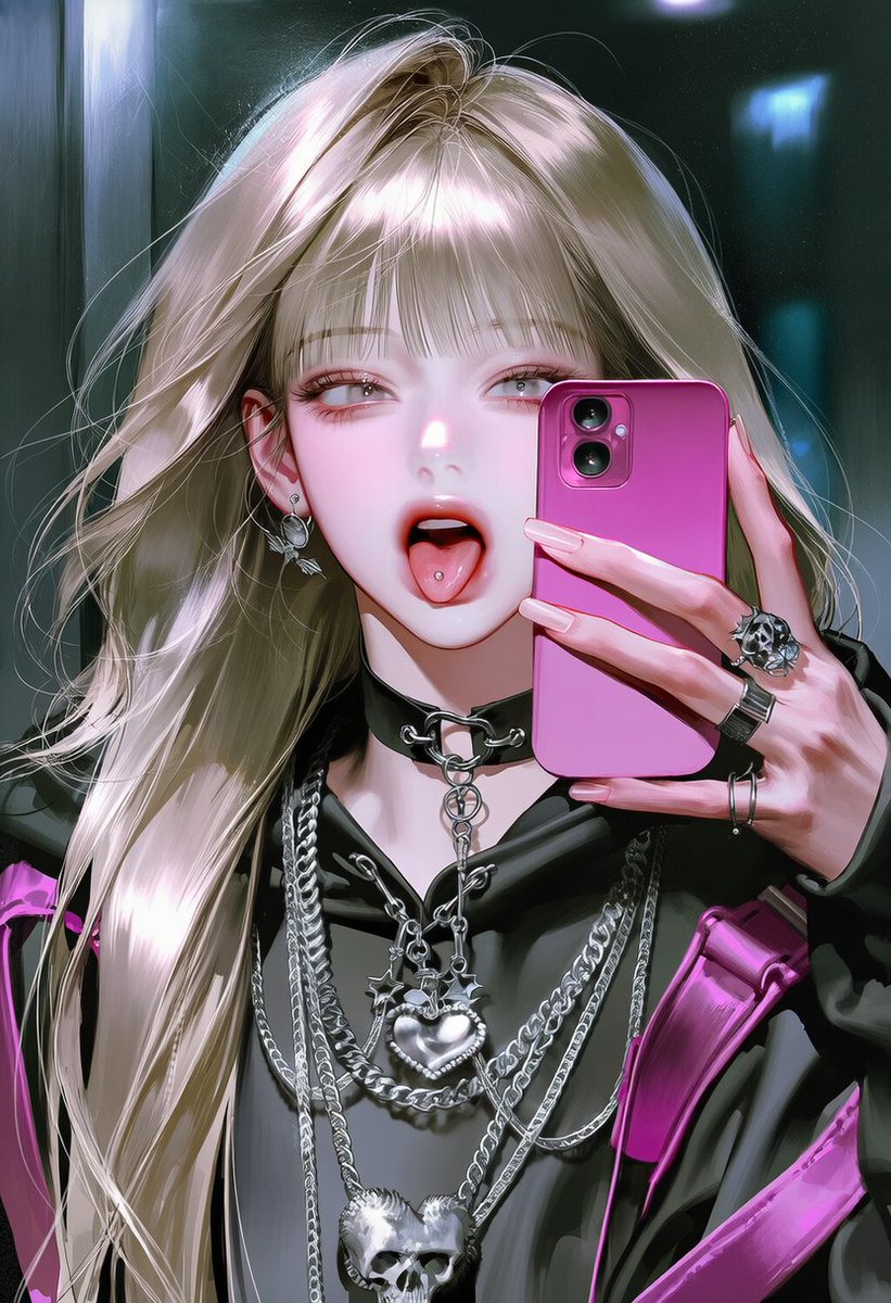 _2ve_E's tweet photo. 펑키 셀카 - 찐빠주의 ★★★☆☆ ( 의상포함 )

Close-up selfie composition using a mirror, pink smartphone close to the face, chaotic and expressive pose, tongue sticking out and mouth open, oversized black graphic hoodie, pink accents, multiple layers of silver chains, skull pendant, heart pendant, choker, ring, earrings, alternative street fashion vibe, neon pink-black color combination, atmospheric lighting, shallow depth of field, glossy reflections, subtle cyberpunk vibe, rebellious Y2K punk vibe, delicate animated illustration style, upper body frame, intimate camera perspective, composition focusing on accessories, edgy modern vibe, cinematic styling