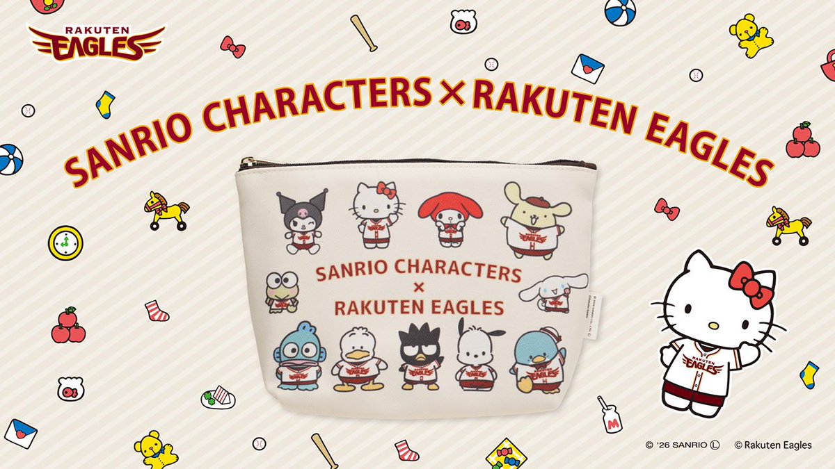 eagles_shop's tweet photo. ✨サンリオ人気キャラクターとコラボ✨

イーグルスのユニフォームを着たぬいぐるみ巾着や、イーグルス＆キャラクターモチーフを散りばめたポーチなど、かわいいコラボグッズが登場🎀

詳細はこちら▼
https://t.co/PPqfBCLaJ8

#RakutenEagles

© 2026 SANRIO CO., LTD. APPROVAL NO. L671563 https://t.co/WfDZIzjcL9