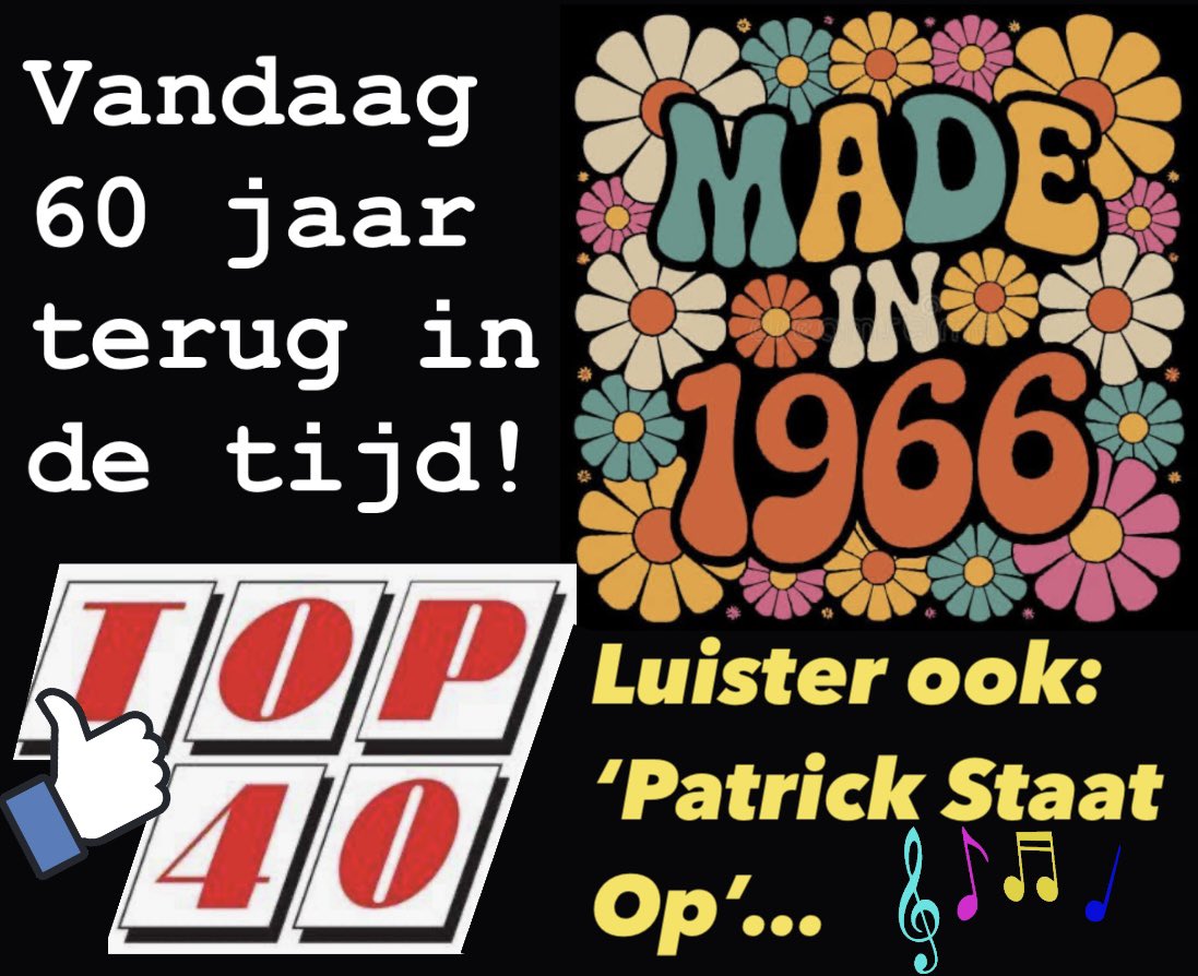 PatrickStaatOp's tweet photo. Terug in de tijd met de #TOP40 (zelfde datum, ander jaar) ga ik in Patrick Staat Op terug naar 1966… Hoe zag de TOP3 er 60 (!) jaar geleden uit…? Luister ook, vanaf 07.00 u en je weet het!
🔴🔵📻 https://t.co/h1itAM5F7k