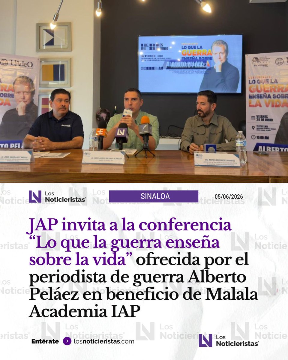 noticieristas's tweet photo. 🟣| La JAP invita a la conferencia “Lo que la guerra enseña sobre la vida”, impartida por el periodista de guerra Alberto Peláez, en beneficio de Malala Academia IAP. Un mensaje de resiliencia y crecimiento personal que llegará a #Culiacán este 26 de junio 📍.

Lee la noticia 🔗👉🏼 https://t.co/Vp9Mx4GDOs