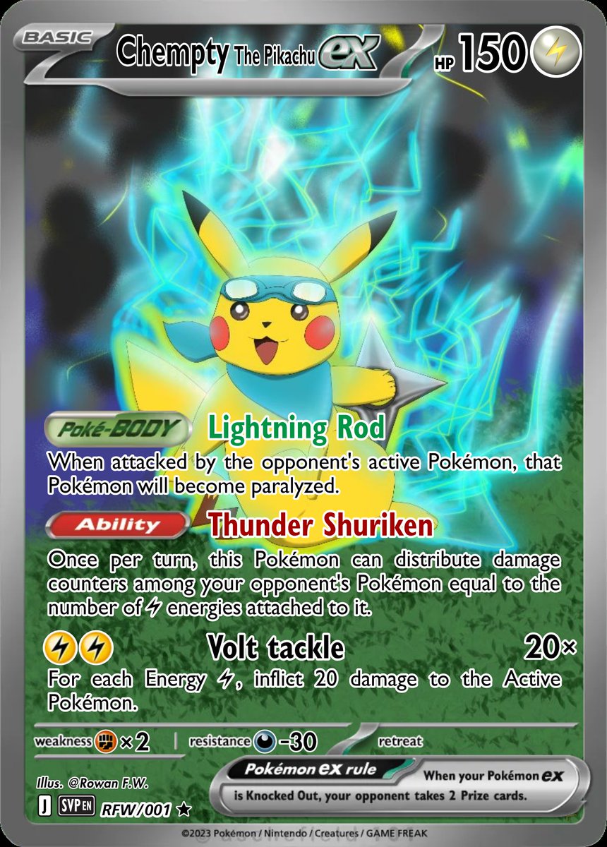RowanFwr's tweet photo. This artwork is a gift for a friend of his OC, Chempty. The idea was just to do the drawing, but I've been playing a lot of TCG lately and it ended up becoming a card XD 

The friend in question is @/Dragu_mon

#pokemon #Pokemonart #pokemontcg #pokemonmysterydungeon #pikachu https://t.co/sQvznvd483