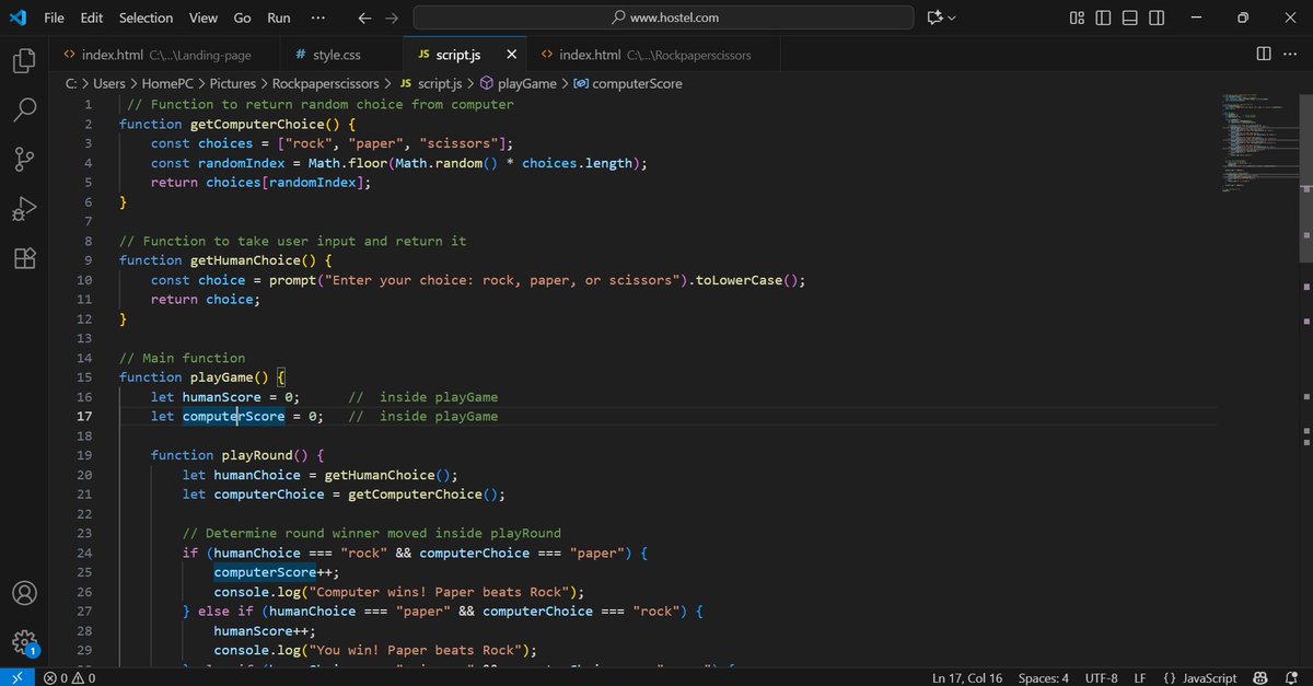 DTechComedian's tweet photo. I completed the first phase of JAVASCRIPT project 💻
A Rock, paper, scissors game played in the console.
The GUI coming soon..
#WebDevelopment
#OdinProject https://t.co/eEsYhJE1SO