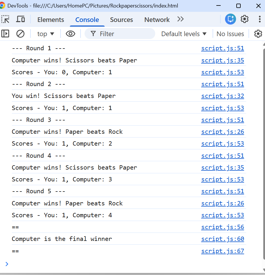 DTechComedian's tweet photo. I completed the first phase of JAVASCRIPT project 💻
A Rock, paper, scissors game played in the console.
The GUI coming soon..
#WebDevelopment
#OdinProject https://t.co/eEsYhJE1SO