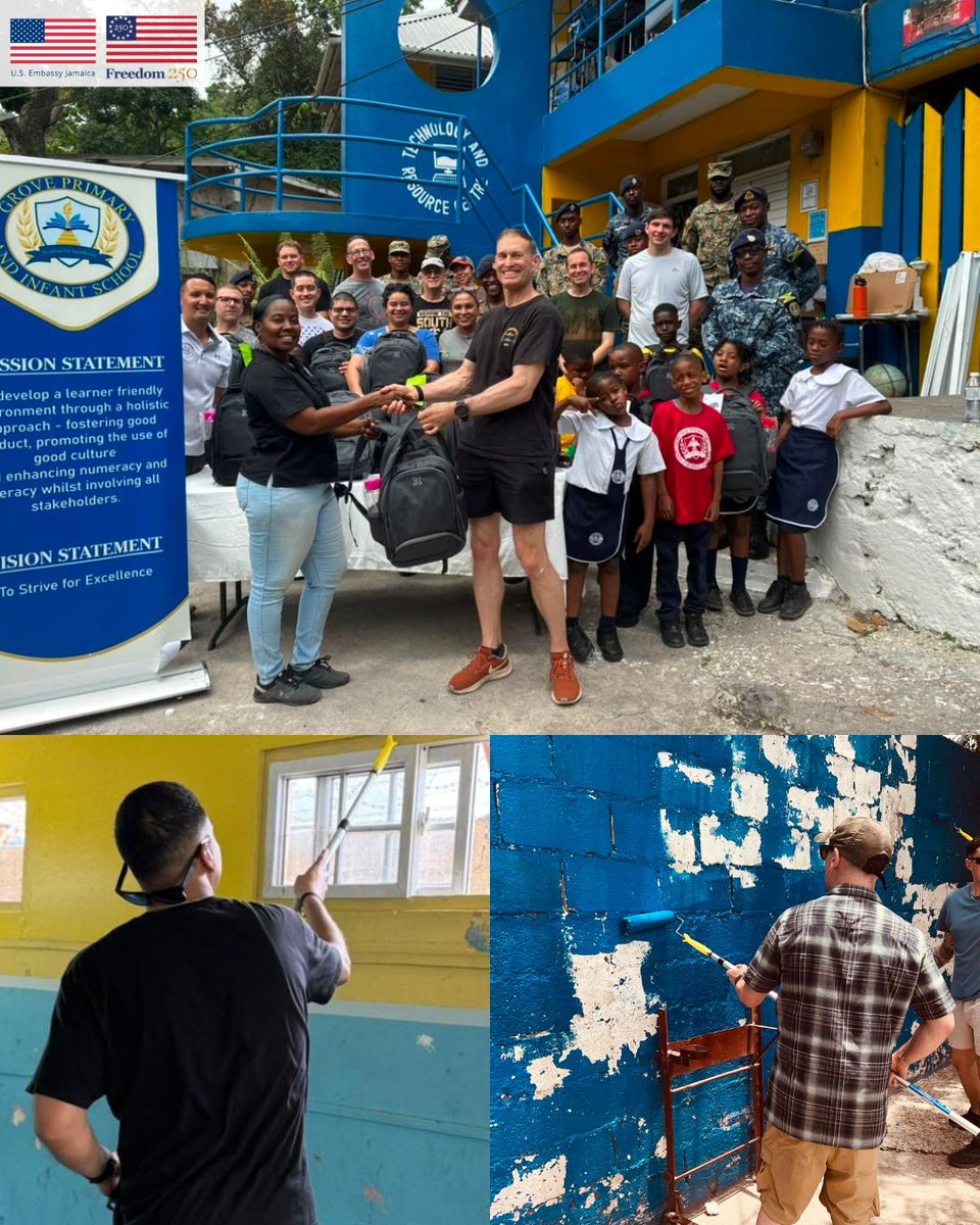 USEmbassyJA's tweet photo. A show of service. 🇺🇸🇯🇲 

Partnership is more than words. It is service. Chargé d’Affaires Scott Renner joined USS Nimitz Sailors, @JDFSoldier  members, and local partners for a community relations effort supporting stronger learning environments for students across Kingston. 

Working side by side, U.S. and Jamaican teams helped with school improvements including painting, repairs, beautification, and grounds work at Gaynstead High School, Clan Carthy High School, Rennock Lodge Primary and Infant, and Grove Primary and Infant. From classrooms to school grounds, these projects show what partnership looks like in action and reflect our shared commitment to education, community, and the next generation of Jamaican leaders. 

#USJamaicaPartnership #CommunityService #USSNimitz #JamaicaDefenceForce #Education #PeopleToPeople