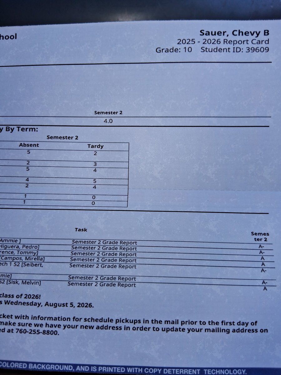 Chevysauer228's tweet photo. Semester 1 GPA - 3.4,  3 A’s 3 B’s 1 C

Semester 2 GPA - 4.0, 7 A’s 

@BarstowFTBL https://t.co/Qt8oZ2R9zd