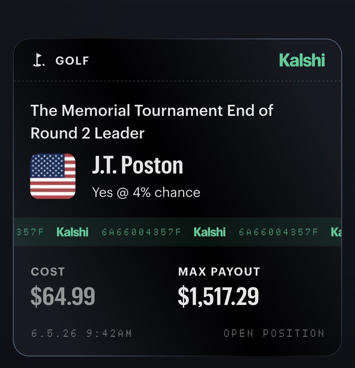 TapOrCash's tweet photo. Postman!!  2nd round leader cash it ✅💰💰

Kalshi has great odds for round leaders 💯

Use this link for a free $10 on sign up 🫡
https://t.co/gON2pNuskZ https://t.co/Oo51olaJBK