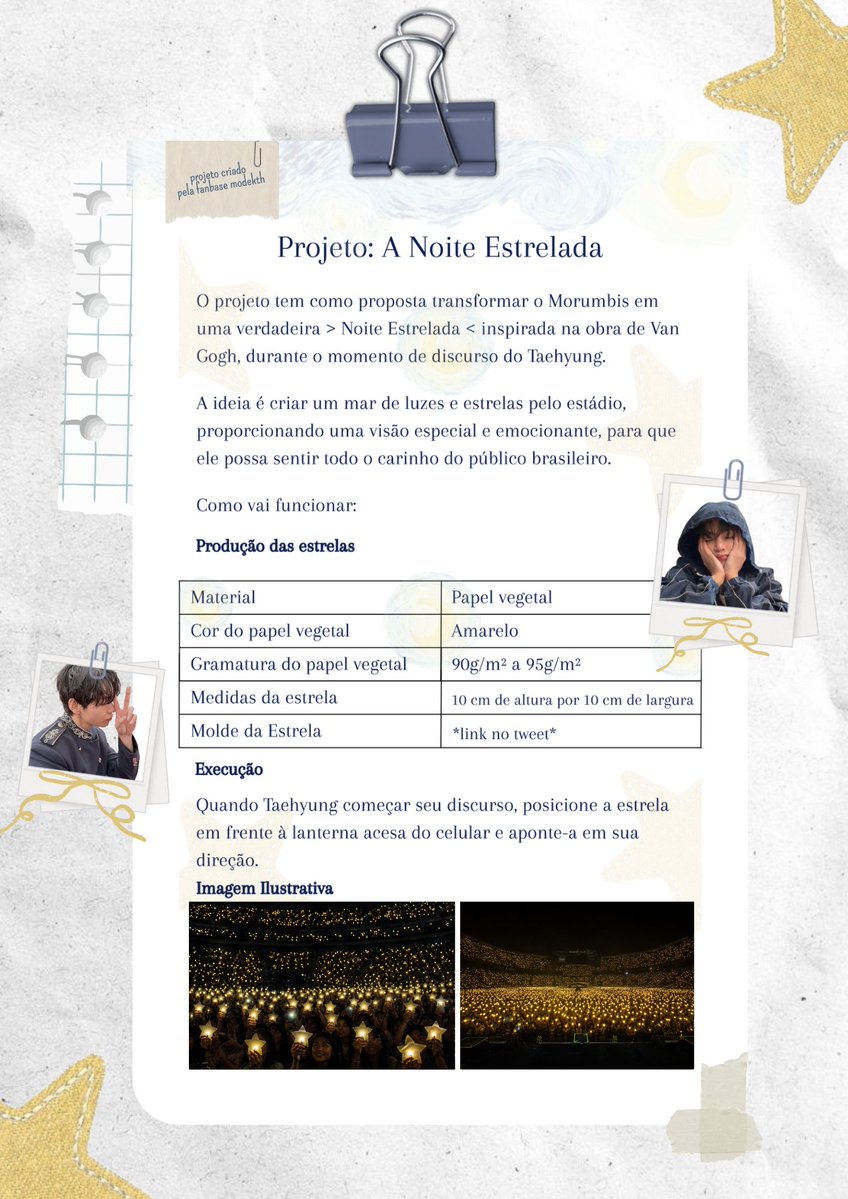 modekth's tweet photo. 𖹭 ࣪ ˖ Boa noite, pessoal. Aqui estão algumas informações do projeto.

A ideia inicial era fazer uma estrela grande, mas, para evitar problemas como atrapalhar a visão de outras pessoas ou correr o risco de as estrelas serem barradas na entrada, escolhemos um tamanho que, além de não dificultar a vista de ninguém, pode ser facilmente guardado.

O papel vegetal é perfeito para o nosso objetivo, pois, dependendo da gramatura, ele tem uma boa resistência, e a luz passa sem alta opacidade.

É importante ressaltar que seria impossível fazer estrelas para todo mundo, porém vamos tentar fazer o máximo de estrelas que conseguirmos para serem distribuídas nos três dias. Quem quiser nos ajudar com a produção delas, com a fanbase arcando com os gastos do material, será muito bem-vindo(a).

Lembrando que você também pode produzir sua própria estrela em casa. Ao fazer isso, você ajuda a reduzir a quantidade de estrelas que o projeto precisa produzir.

Também fizemos um doc com as mesmas informações e com o link do molde da estrela. Vocês podem compartilhar com todos que quiserem participar do projeto.

Link: https://t.co/DEpOnKl9Gp 

Se tiverem alguma dúvida, podem mandar dm!

KTH MODE