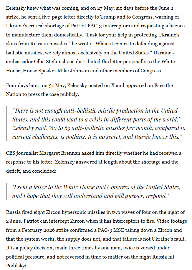 YourAnonCentral's tweet photo. "Zelensky — sent a letter directly to Trump and congress — warning of Ukraine's critical shortage of Patriot PAC-3 interceptors..."

"The shortage has a direct cause, which is Pete Hegseth's —  decision to unilaterally halt weapons shipments to Ukraine three separate times." https://t.co/KMgs6jGFIC