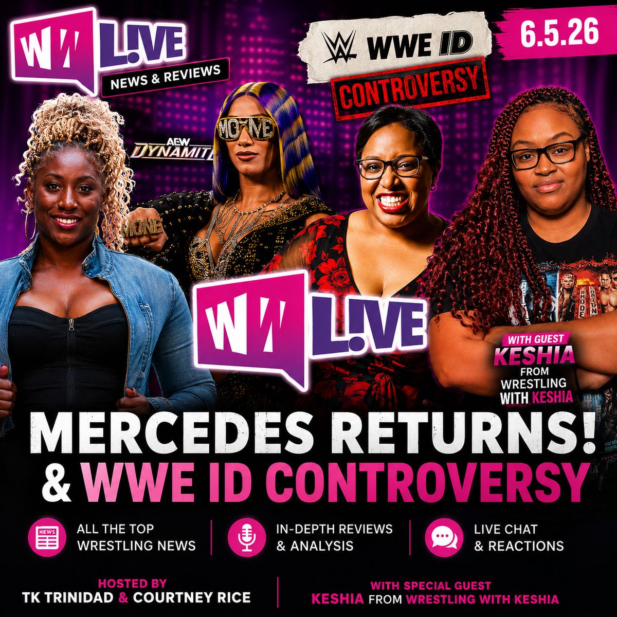 WWTalkPod's tweet photo. 🚨 MERCEDES MONE IS BACK! 🚨

Join TK Trinidad, Courtney Rice, and special guest Keshia from Wrestling With Keshia as they break down the biggest wrestling headlines of the week!

🔥 Mercedes Mone returns to AEW Dynamite
🔥 WWE ID controversy heats up
🔥 Myla Grace granted her release from TNA
🔥 MJF injury update
🔥 Thekla speaks ahead of Forbidden Door
🔥 WWE SmackDown Preview
🔥 And more!

Who has the most to gain from Mercedes Mone's return? Let us know in the comments! 👇

📺 Women's Wrestling Talk Live
🎙 Hosted by TK Trinidad & Courtney Rice
⭐ Special Guest: Keshia (Wrestling With Keshia)

#WomensWrestlingTalk #WWTLive #MercedesMone #AEW #WWE #WWEID #TNAWrestling #MJF #Thekla #ForbiddenDoor #WrestlingNews #ProWrestling #CourtneyRice #TKTrinidad #WrestlingWithKeshia