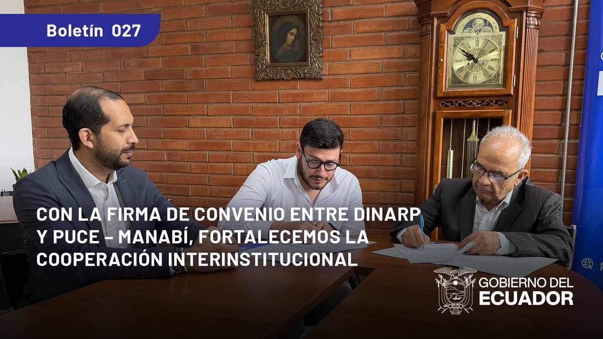 DinarpEc's tweet photo. #Boletín ✍️ | Acuerdos que benefician a nuestros jóvenes 🤝

Dinarp y @PUCE_Manabi suscribieron un convenio de cooperación que impulsa la formación e investigación.  

Más detalles ➡️ https://t.co/11W9VvZEo8 

#GobiernoDelEcuador 🇪🇨 https://t.co/8zNggmc2PF
