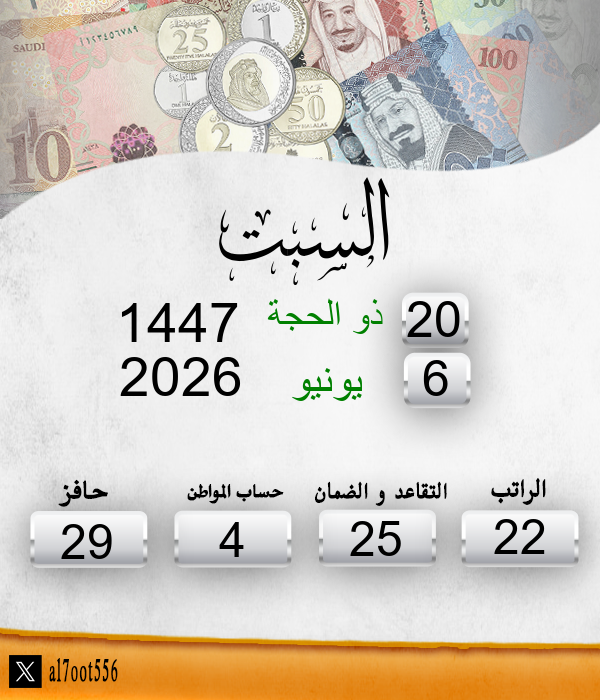 al7oot556's tweet photo. تاريخ اليوم السبت الموافق: 20/12/1447  
موعد إيداع الراتب الاحد الموافق: 13/1/1448  
الأيام المتبقية لإيداع الراتب: 22 يوم https://t.co/r7goK3idUd