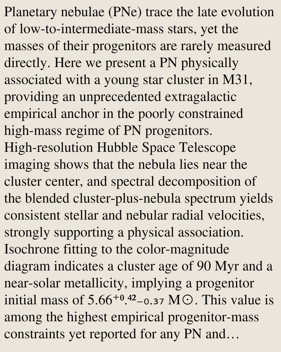 VTWV's tweet photo. A Planetary Nebula from a 5.7 M⊙ Progenitor in a 90 Myr M31 Star Cluster

Pinjian Chen, Bingqiu Chen, Xiaodian Chen, Shu Wang, Haibo Yuan
https://t.co/lMP2041yBh [𝚊𝚜𝚝𝚛𝚘-𝚙𝚑.𝚂𝚁 𝚊𝚜𝚝𝚛𝚘-𝚙𝚑.𝙶𝙰] https://t.co/ZMdyJ42ciM