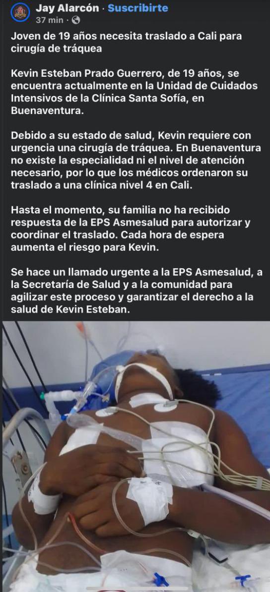 LeonardBtura's tweet photo. Señores @AsmetSalud y señores @Supersalud esta persona necesita una cirugía de tráquea. 

Dice la familia de acuerdo a la publicación del colega Jay Alarcón que la EPS no ha dado respuesta a la solicitud, necesitamos respuestas. https://t.co/b5hGRdvGIi