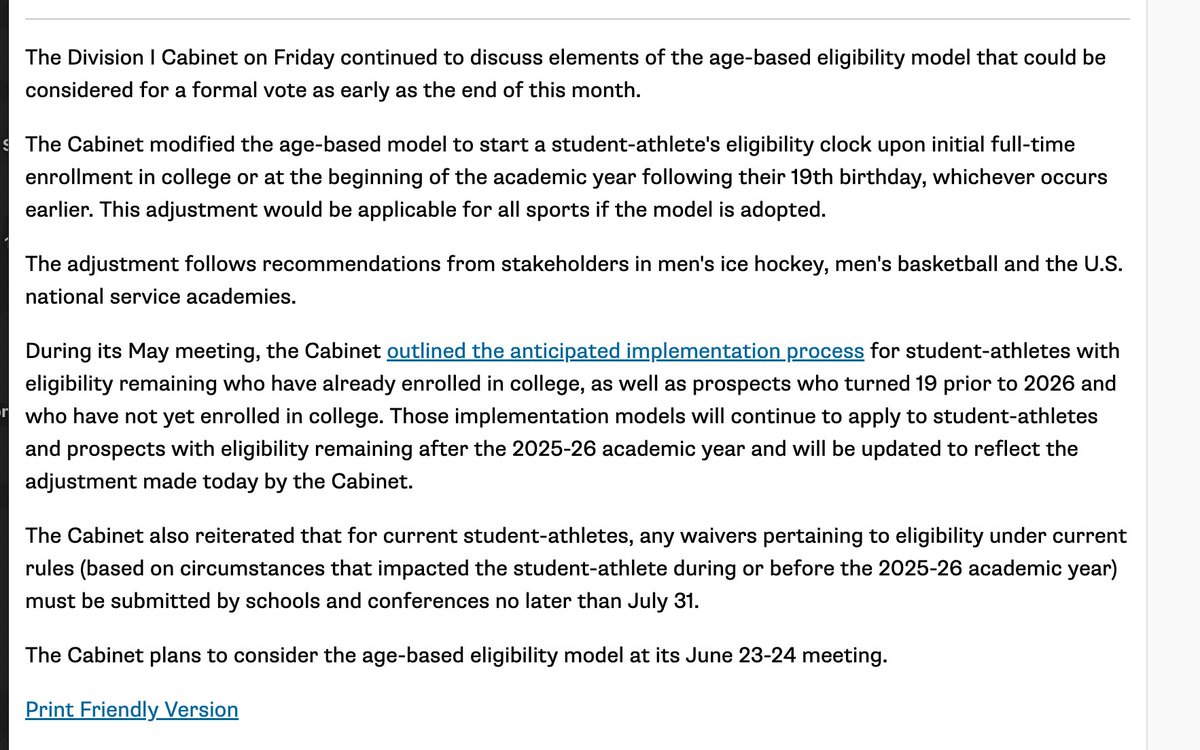 achristovichh's tweet photo. The NCAA announces it has modified its "age-based" eligibility model to begin when a player enrolls in college or turns 19, rather than when a player graduates high school or turns 19. https://t.co/uJRkfxGnux