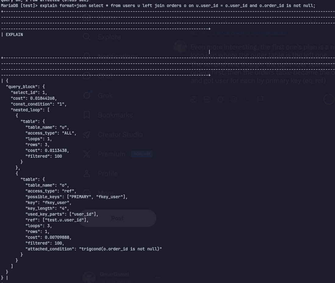 notnowomar's tweet photo. @eldeeb0x Even more interesting, the first one's plan is a normal for loop join where the outer table is the left one.
The second one though, the optimizer scanned the orders first, then the orders table became the outer one, and got user for each by primary key (eq_ref) https://t.co/ndbh1XBJyh