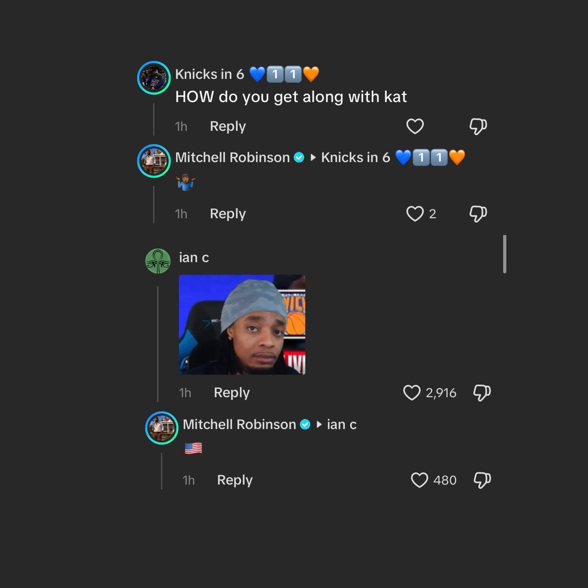 lukalexicon's tweet photo. mitchell robinson being excited that trump is coming to game 3 and then posting a weird comment about kat ?? 🕊️ https://t.co/Hdc6bl0I7j