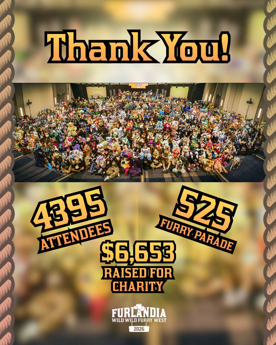Furlandia's tweet photo. Yeeeehaww!! 

Did y'all have a rootin' tootin' time at Furlandia 2026: Wild Wild Furry West? We sure as darn did! We had 4,395 folks in town, with 525 in our parade. An' we also managed to raise $6,653 in donations for The Pixie Project!! https://t.co/44zCYZbnPH