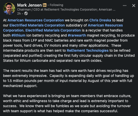 probzunknown's tweet photo. $AREC: New post from @markcjensen on LinkedIn today regarding @electrifiedmat 

There is a new data point here - capacity and a date. 

EMCO throughput is now targeted to be at 1.5 million pounds per month of input material by August 2026, with full mechanized support. That's ~680 MT/month, or ~8,160 MTPA of feedstock preprocessing.

Important to note.