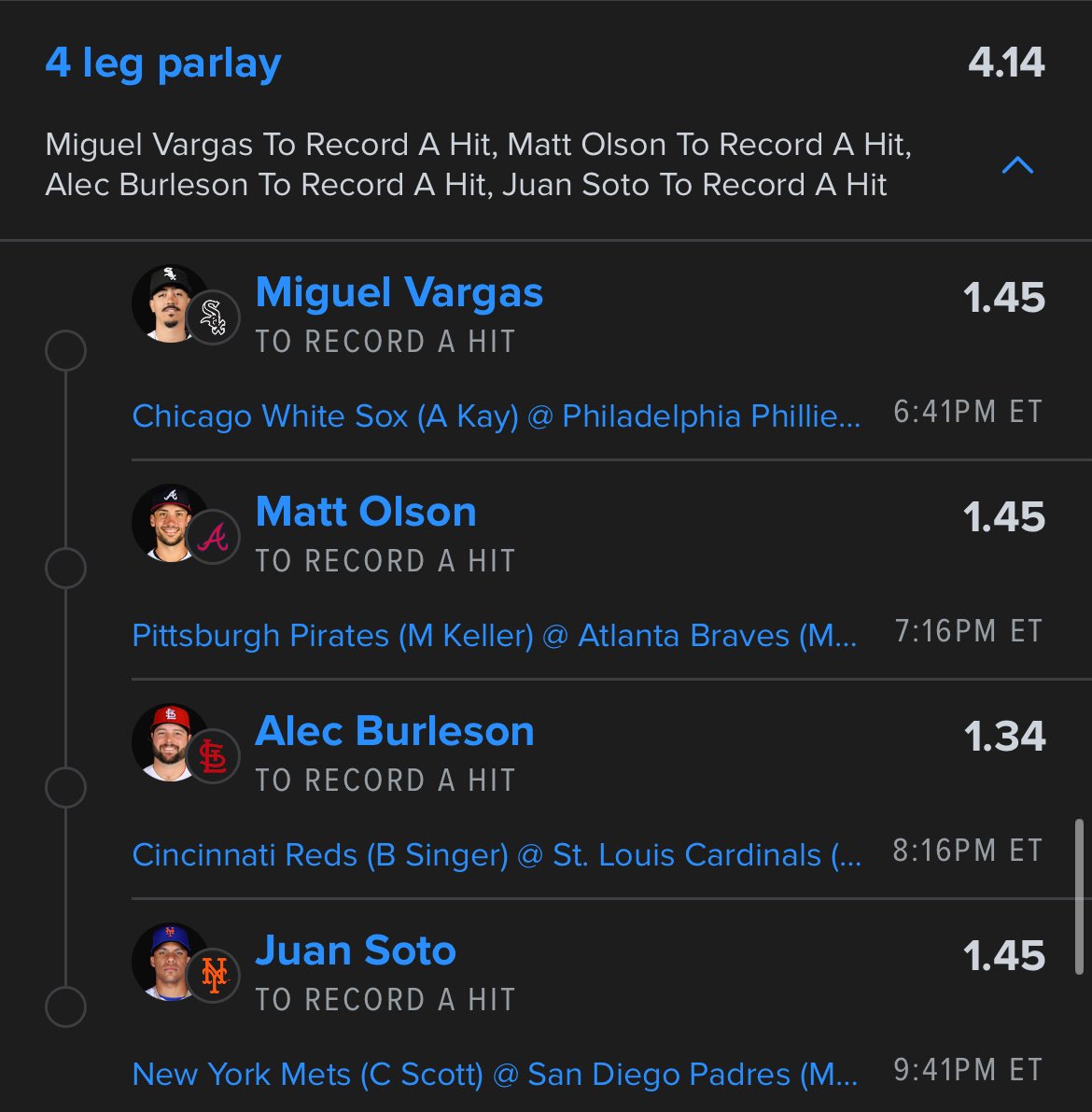 MidnightSearch0's tweet photo. ⚾️ 

1 hit 1u
💣 RR by 3 total .5u https://t.co/DtGxPlZrIM