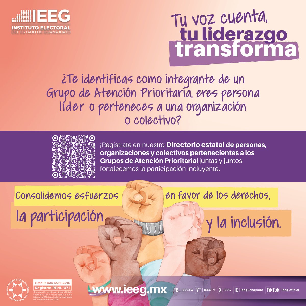 IEEG's tweet photo. 🟣 | ¡Tu voz cuenta, tu liderazgo transforma!

¿Ya te registraste en el Directorio Estatal de Personas, Organizaciones y Colectivos pertenecientes a Grupos de Atención Prioritaria?

No esperes más y escanea el código QR en la imagen.

#LaDemocraciaSeViveTodosLosDías https://t.co/dC1sdPcuo9