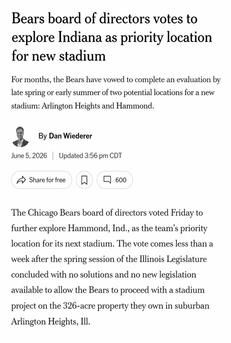 johnarnold's tweet photo. One of the only fiscal issues that Illinois has gotten right is playing hardball with public subsidies for a new Bears stadium. The team keeps bluffing a move to Indiana, but its too far from their sponsors and ticket holders. Don't fold, Illinois, don't fold. https://t.co/svSYPF4N5L